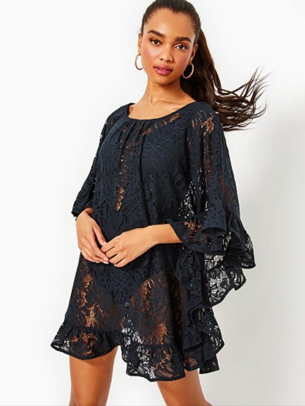 LILLY PULITZERAtley Ruffle Cover-up In Onyx Paradise Found Lace
